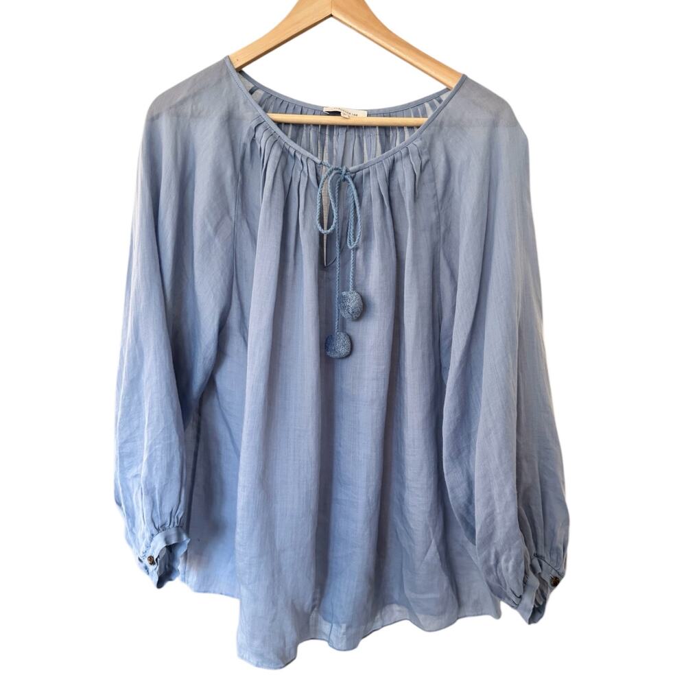Lafayette 148 Light Blue Cotton Blouse Pom Pom Tie Neck Long Sleeve Sz M